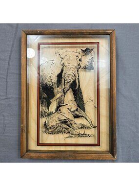 Leon Burrows Framed Elephant Reverse Painted Glass African Wood Frame Wall Art